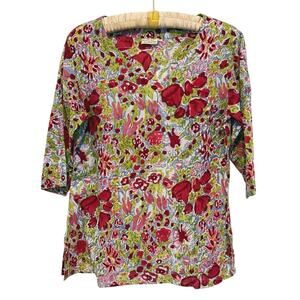 Vintage Bruno Lamy Hand Printed Floral Cotton Blouse Medium Art to Wear French